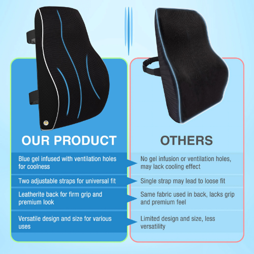 BlueGel Memory Foam Lumbar Support Cushion | Orthopedic Back Support for Office Chair & Car Seat | Ergonomic Design for Lower Back Pain Relief | Breathable Mesh Cover – Black