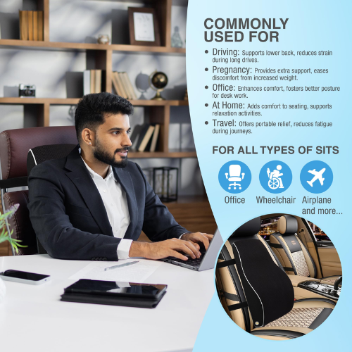 BlueGel Memory Foam Lumbar Support Cushion | Orthopedic Back Support for Office Chair & Car Seat | Ergonomic Design for Lower Back Pain Relief | Breathable Mesh Cover – Black