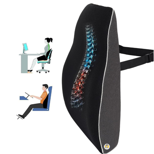 BlueGel Memory Foam Lumbar Support Cushion | Orthopedic Back Support for Office Chair & Car Seat | Ergonomic Design for Lower Back Pain Relief | Breathable Mesh Cover – Black